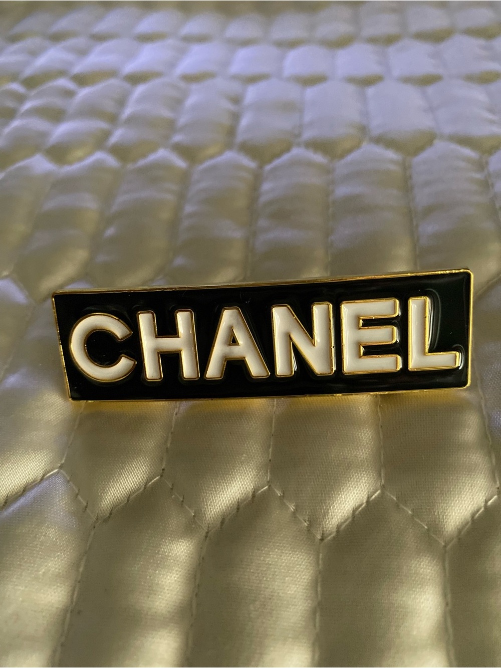 ChaneI Black , White, Gold-Tone Hair Clip/ Barrette Timeless Elegance Spellout